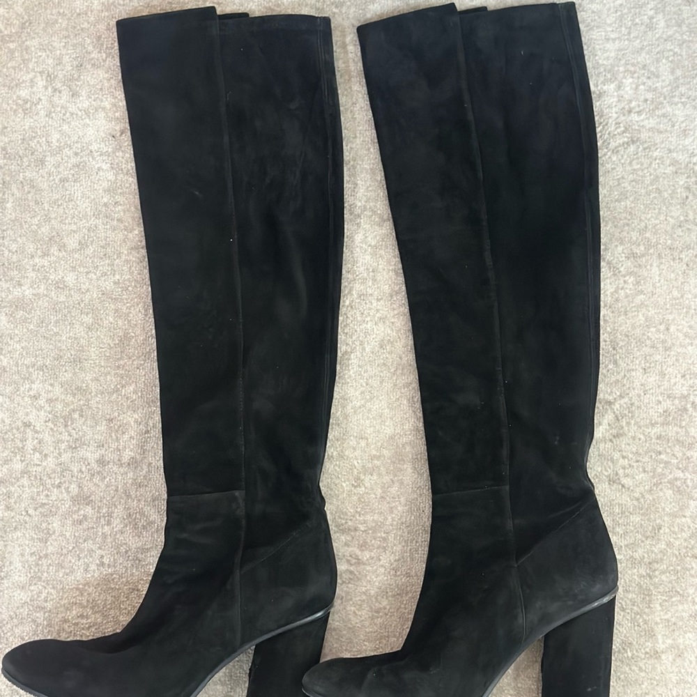 Stuart Weitzman Black Over the Knee Boots Suede Chunky Heel